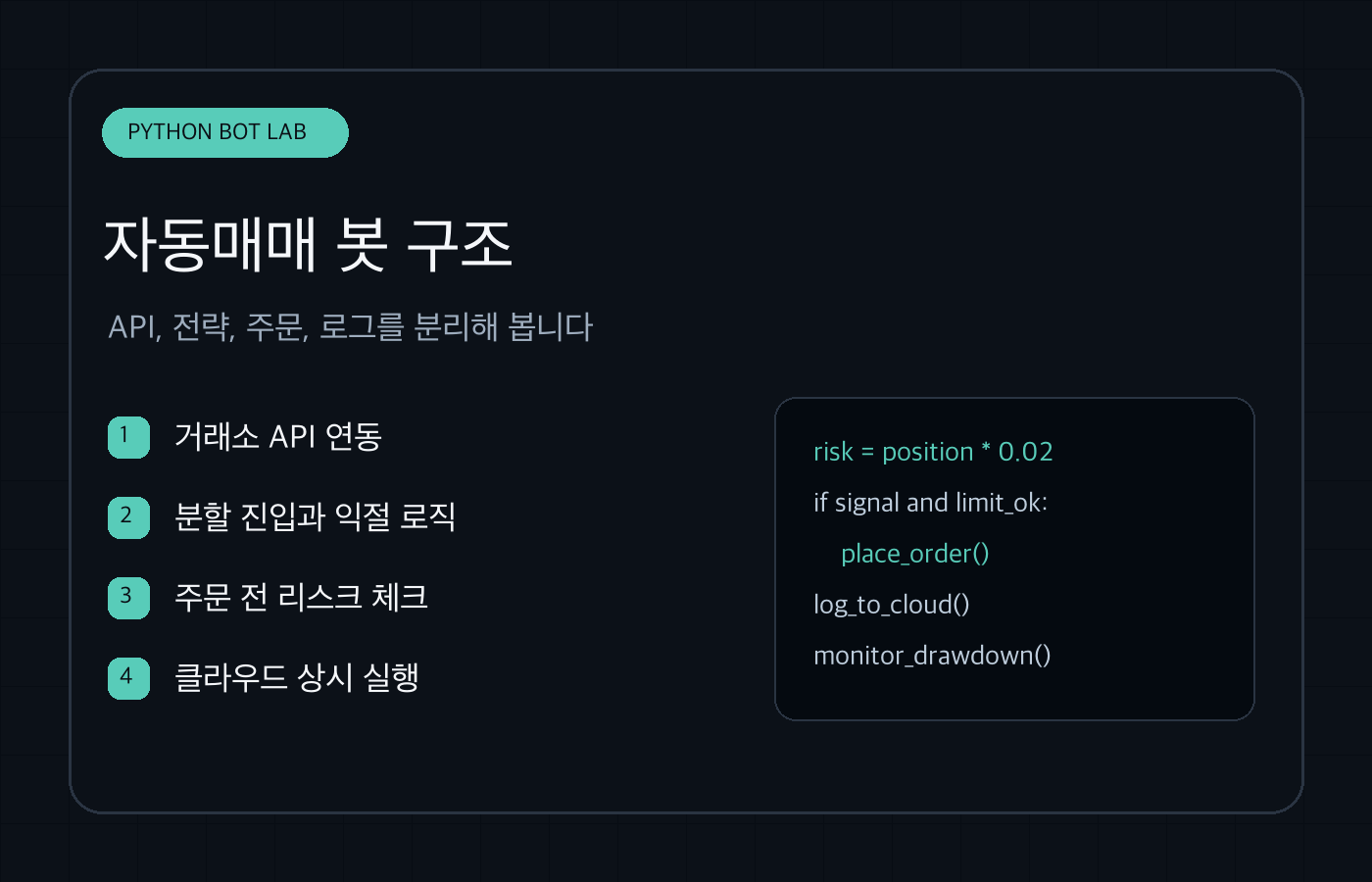 파이썬 비트코인 자동매매 봇의 API와 주문 흐름을 설명하는 아키텍처 이미지